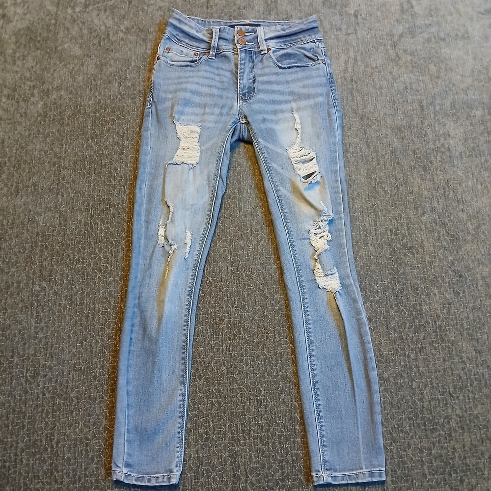 Indigo Rein Womens High Rise Distressed Skinny Jeans Light Wash Blue Size 1